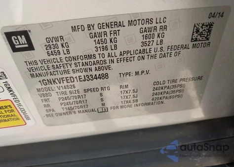 2014 Chevrolet Traverse Ls from USA, damaged, VIN 1GNKVFED1EJ334488